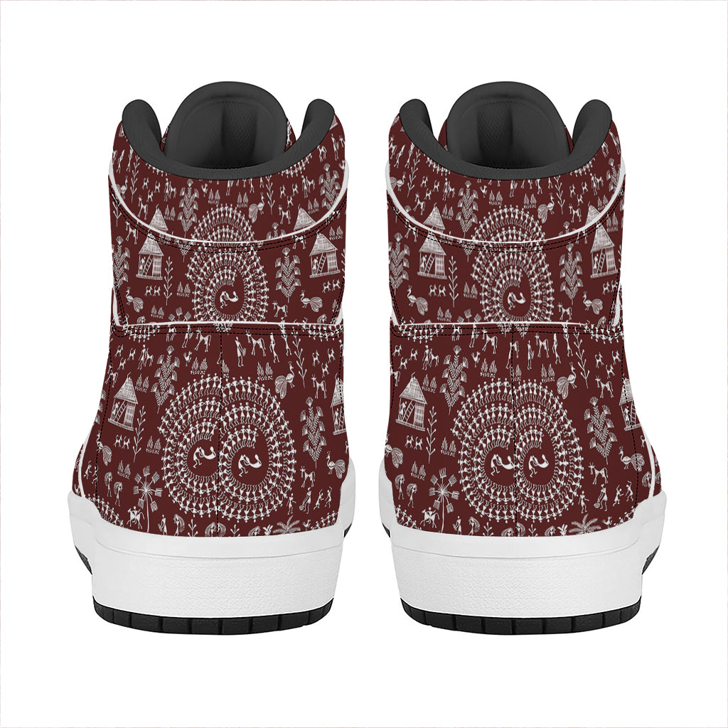 Red And White Warli Tribal Print High Top Leather Sneakers