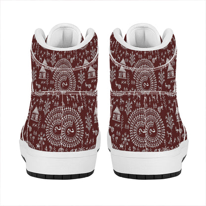 Red And White Warli Tribal Print High Top Leather Sneakers