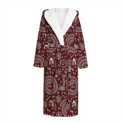 Red And White Warli Tribal Print Hooded Bathrobe