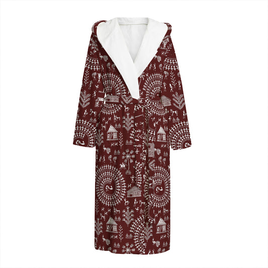 Red And White Warli Tribal Print Hooded Bathrobe