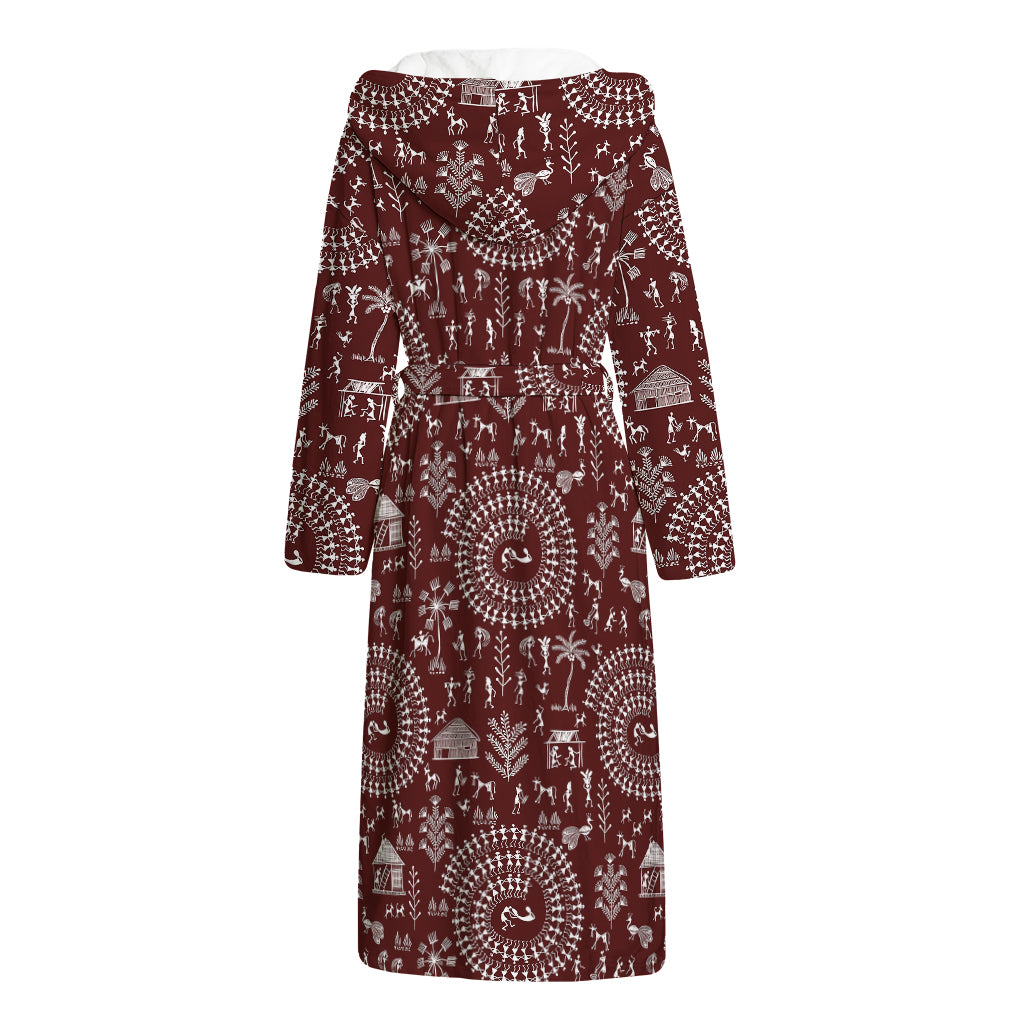 Red And White Warli Tribal Print Hooded Bathrobe