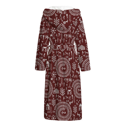 Red And White Warli Tribal Print Hooded Bathrobe