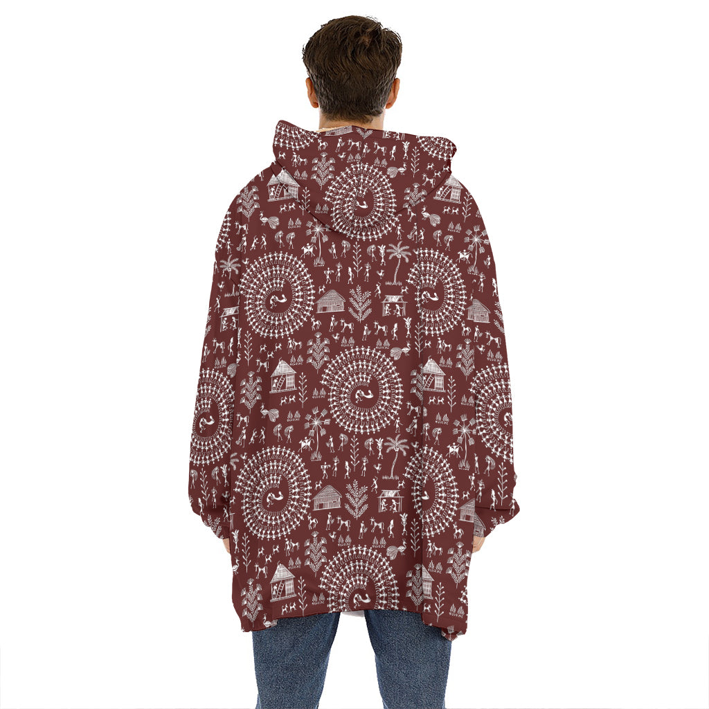 Red And White Warli Tribal Print Hoodie Blanket
