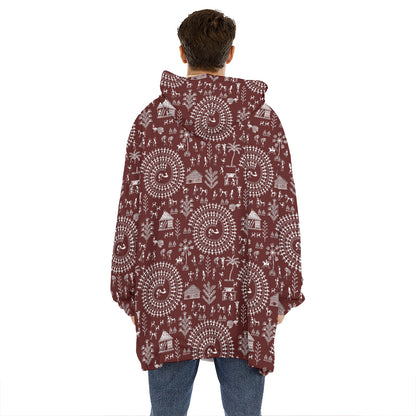 Red And White Warli Tribal Print Hoodie Blanket