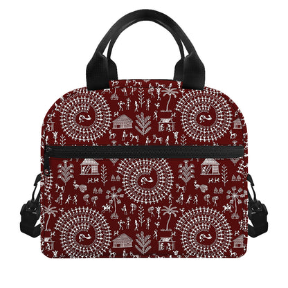 Red And White Warli Tribal Print Insulated Lunch Bag