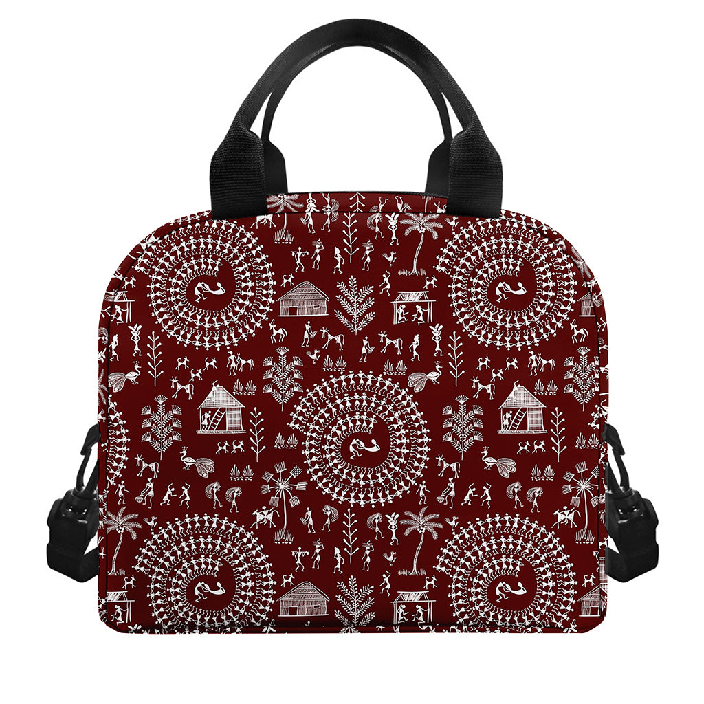 Red And White Warli Tribal Print Insulated Lunch Bag