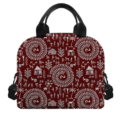 Red And White Warli Tribal Print Insulated Lunch Bag