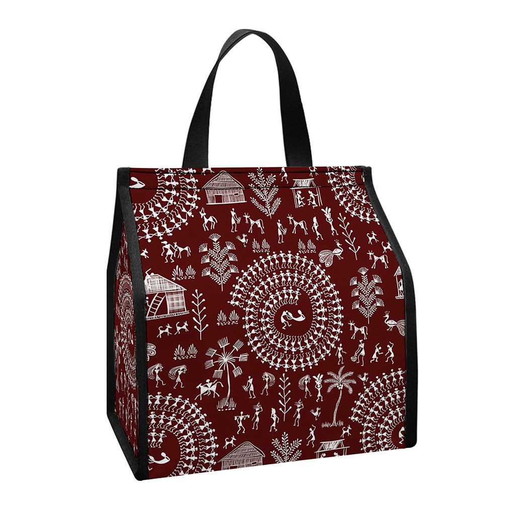 Red And White Warli Tribal Print Insulated Lunch Tote