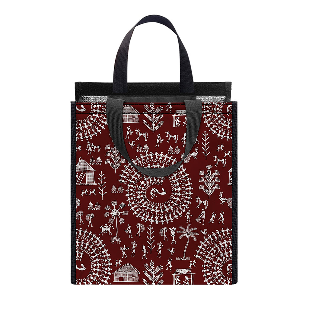 Red And White Warli Tribal Print Insulated Lunch Tote