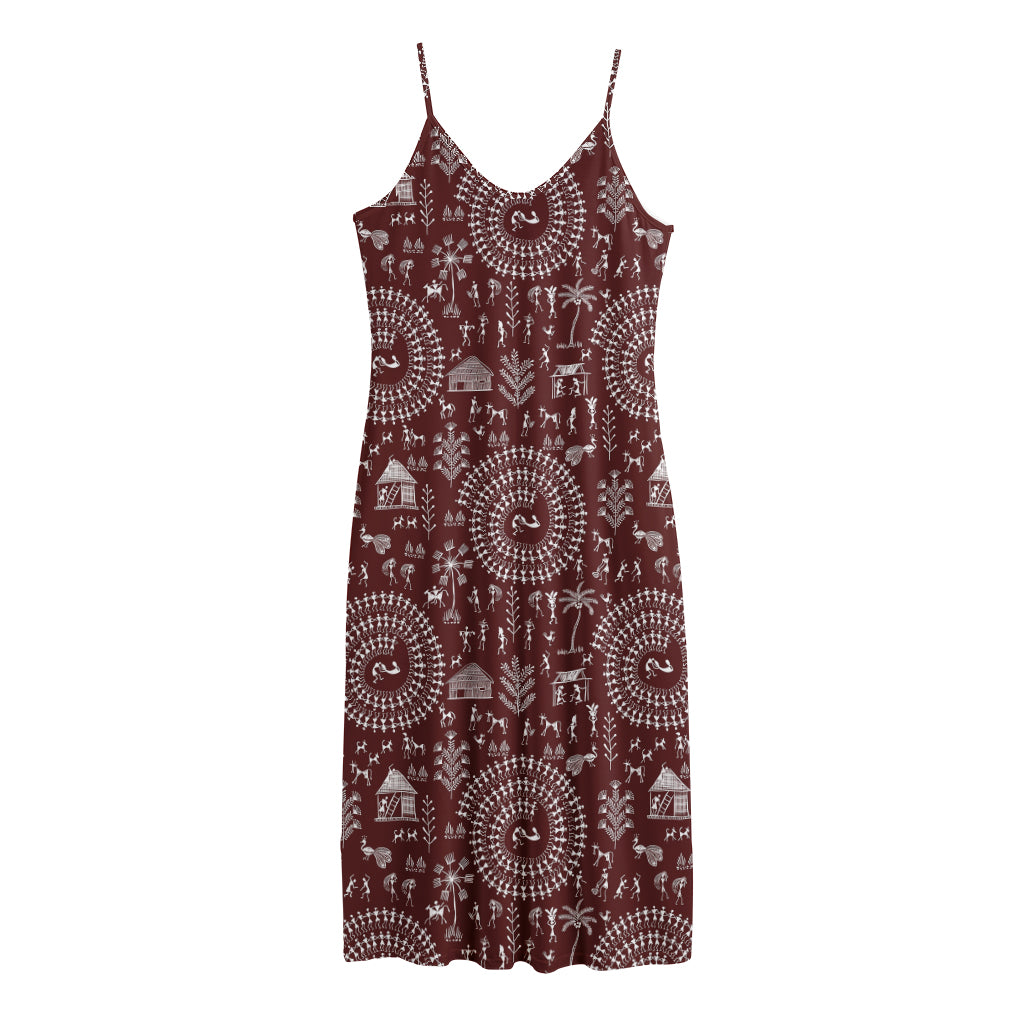 Red And White Warli Tribal Print Jersey Midi Cami Dress