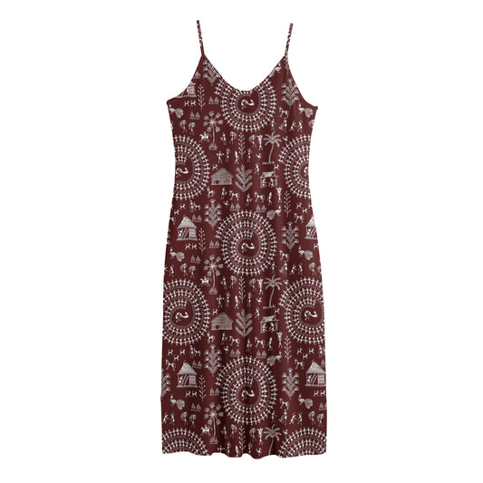 Red And White Warli Tribal Print Jersey Midi Cami Dress
