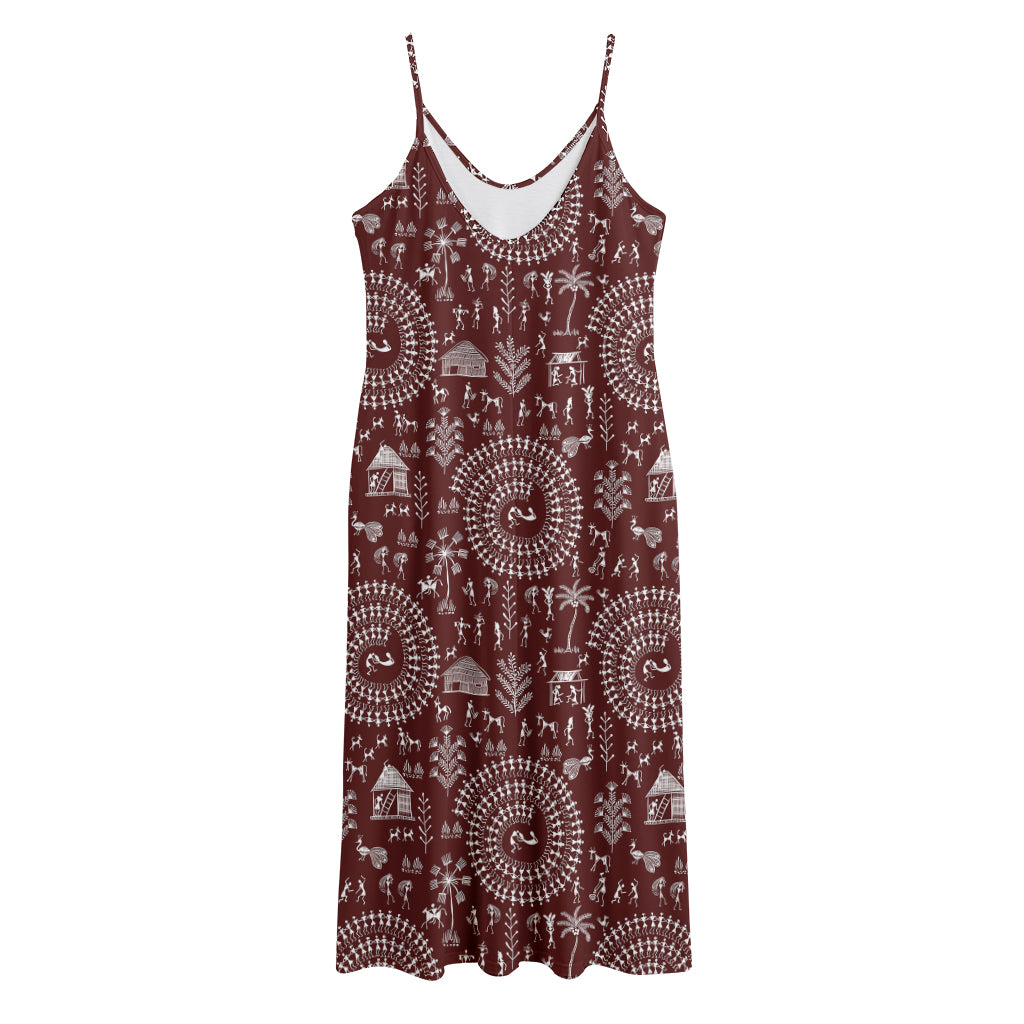 Red And White Warli Tribal Print Jersey Midi Cami Dress
