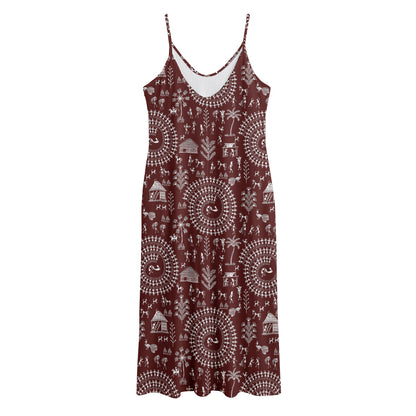 Red And White Warli Tribal Print Jersey Midi Cami Dress