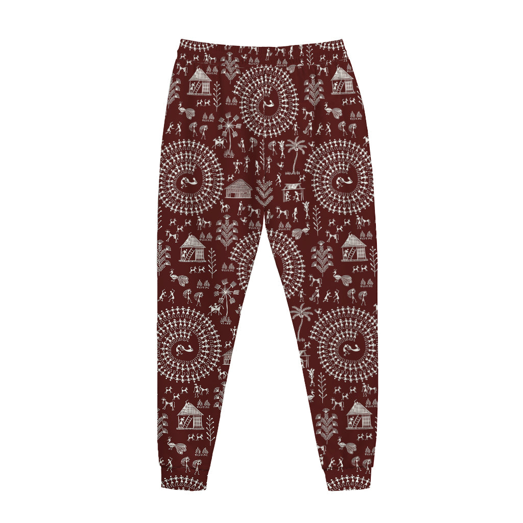 Red And White Warli Tribal Print Jogger Pants