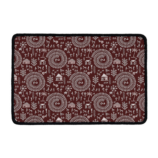 Red And White Warli Tribal Print Kitchen Mat
