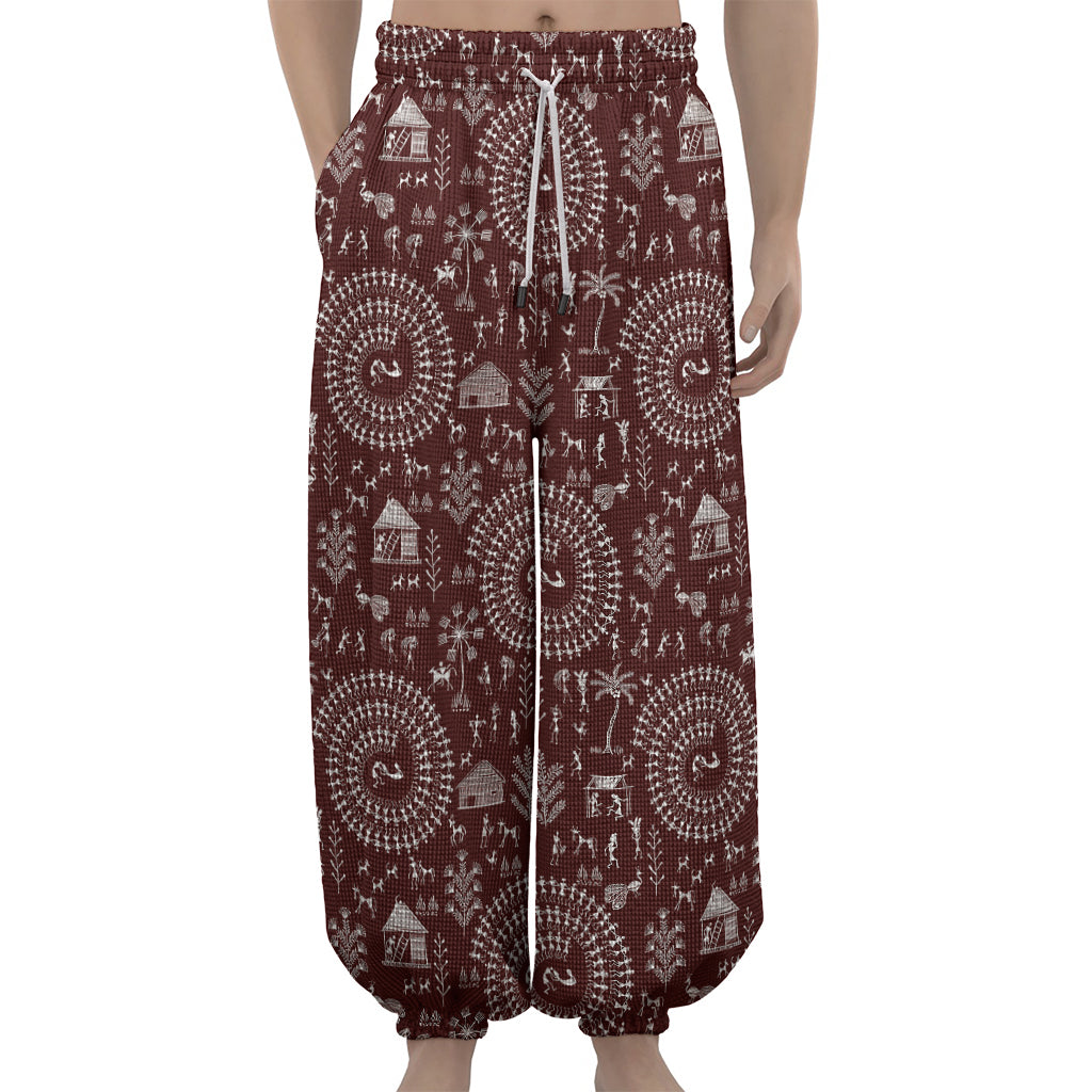 Red And White Warli Tribal Print Lantern Pants