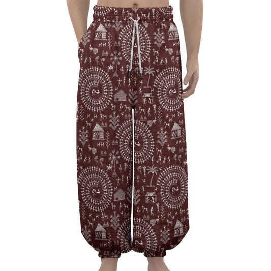 Red And White Warli Tribal Print Lantern Pants