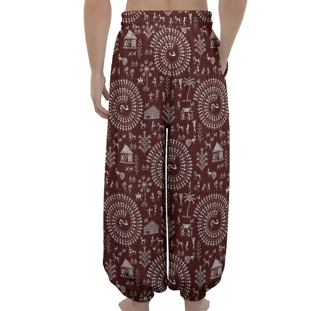 Red And White Warli Tribal Print Lantern Pants