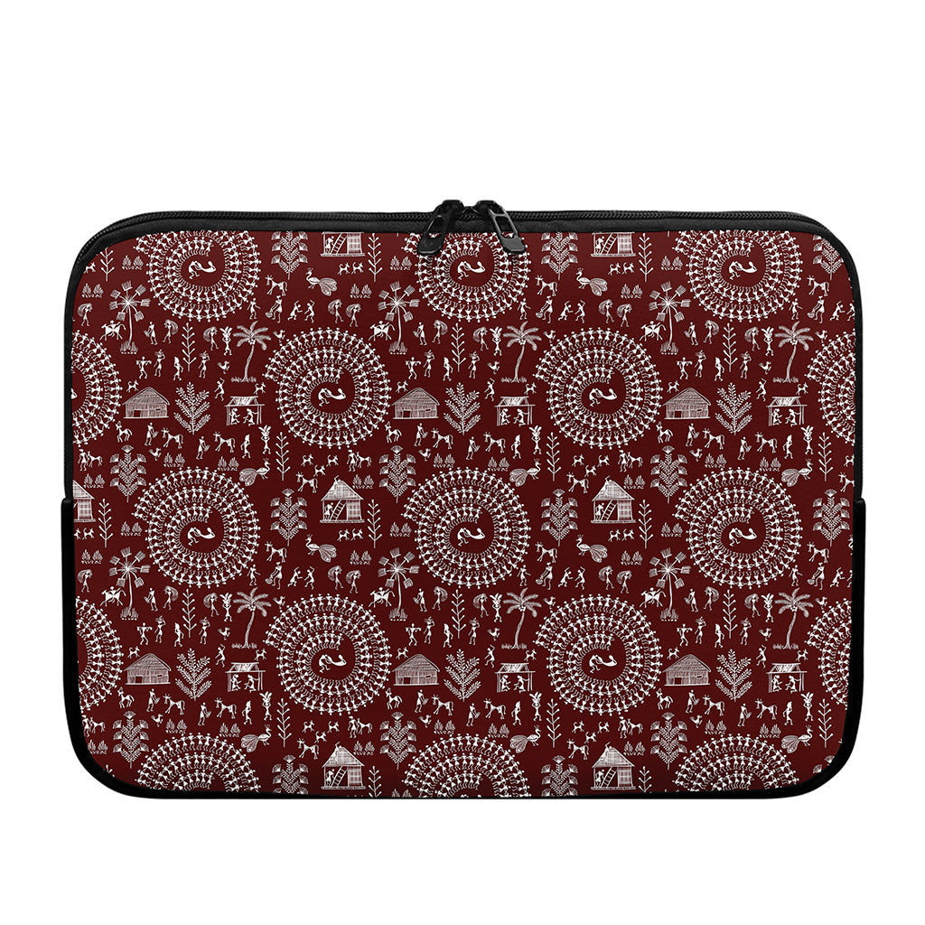 Red And White Warli Tribal Print Laptop Sleeve