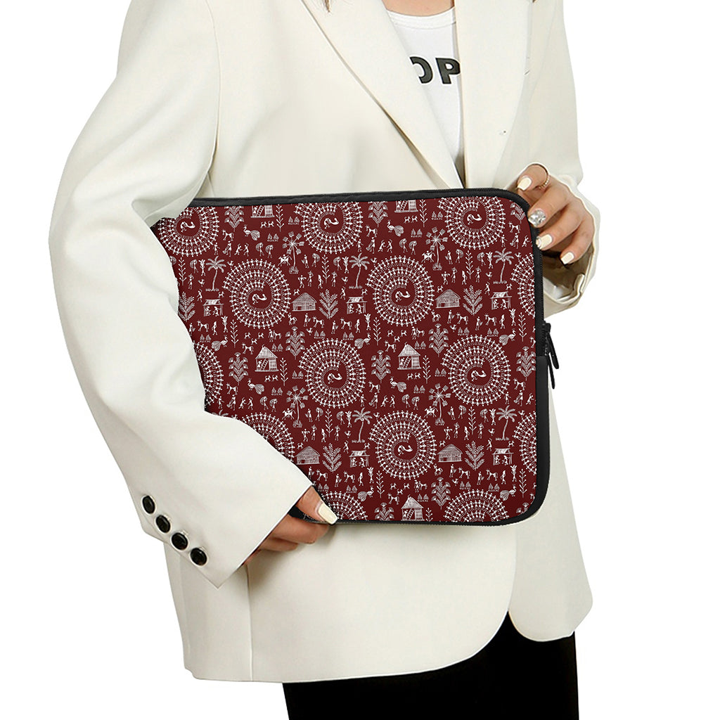 Red And White Warli Tribal Print Laptop Sleeve