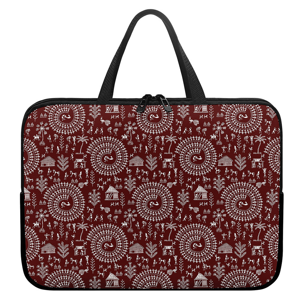 Red And White Warli Tribal Print Laptop Sleeve With Handle