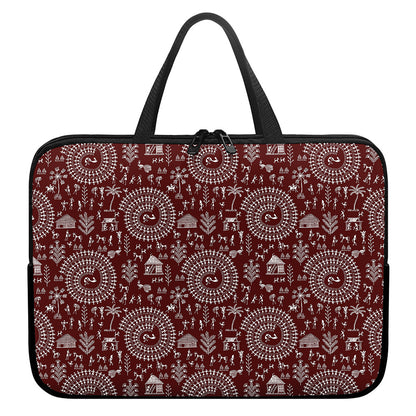 Red And White Warli Tribal Print Laptop Sleeve With Handle