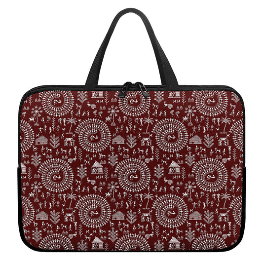Red And White Warli Tribal Print Laptop Sleeve With Handle