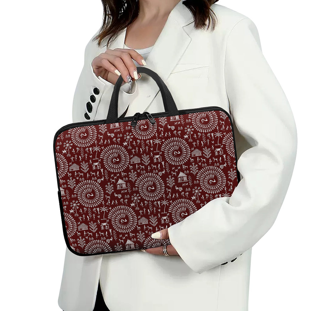 Red And White Warli Tribal Print Laptop Sleeve With Handle