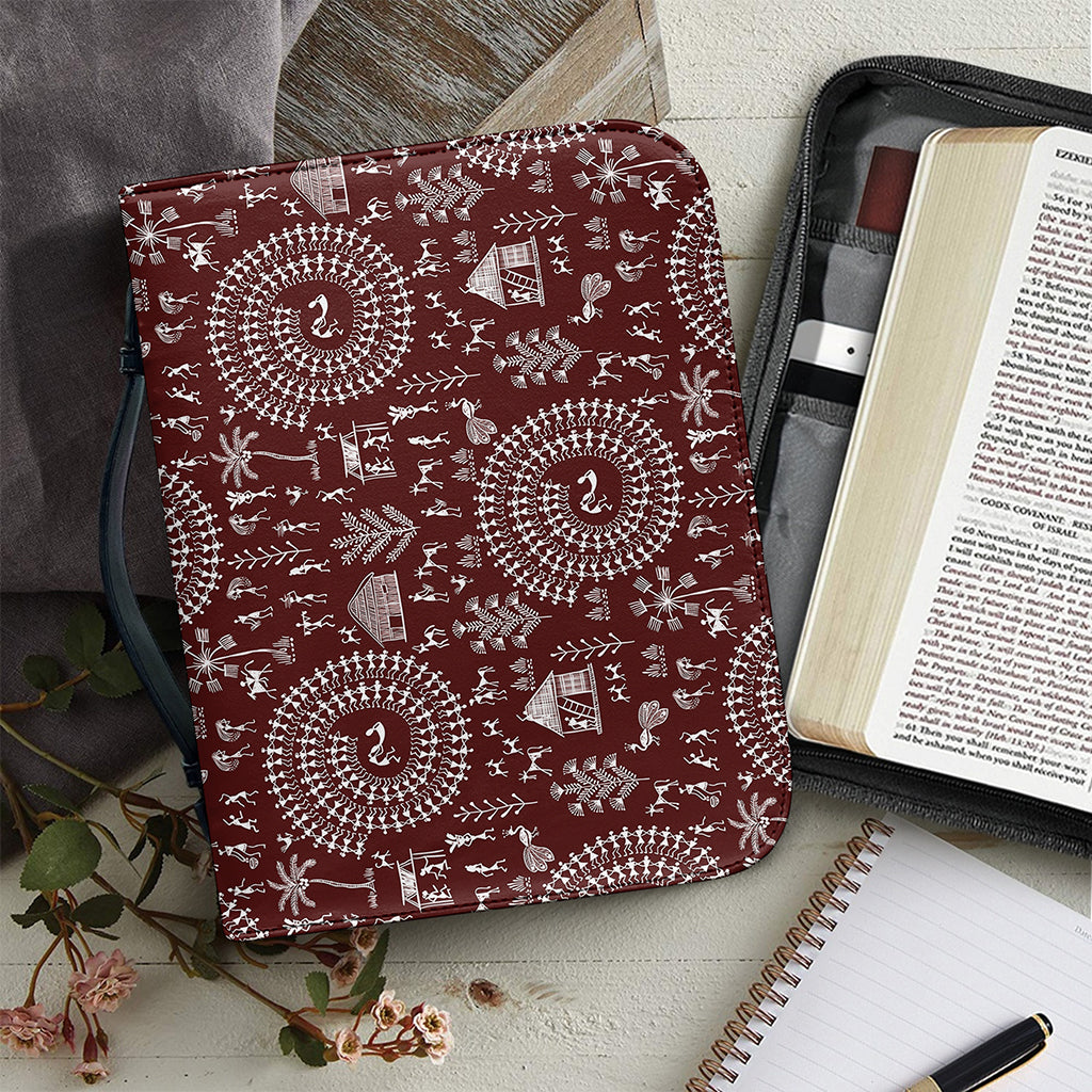 Red And White Warli Tribal Print Leather Bible Cover