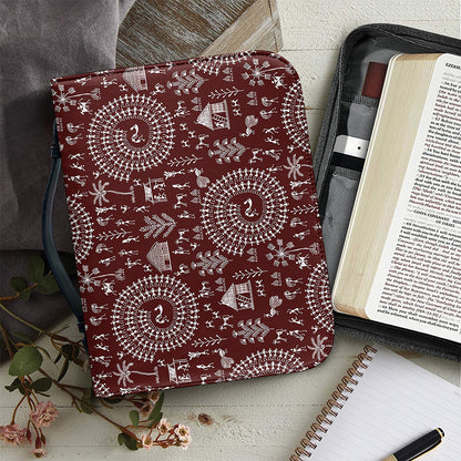 Red And White Warli Tribal Print Leather Bible Cover