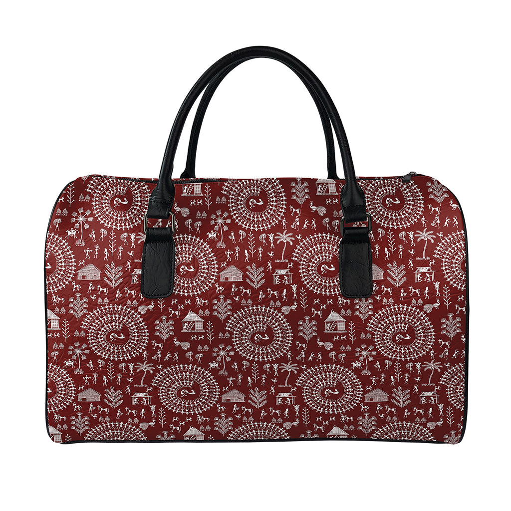 Red And White Warli Tribal Print Leather Duffle Bag