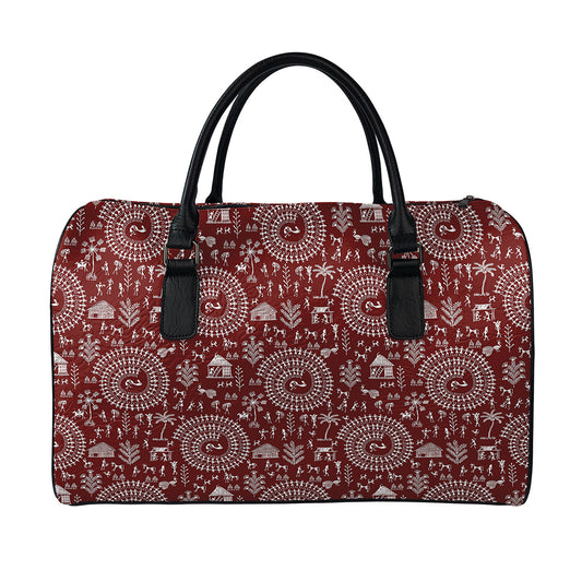 Red And White Warli Tribal Print Leather Duffle Bag