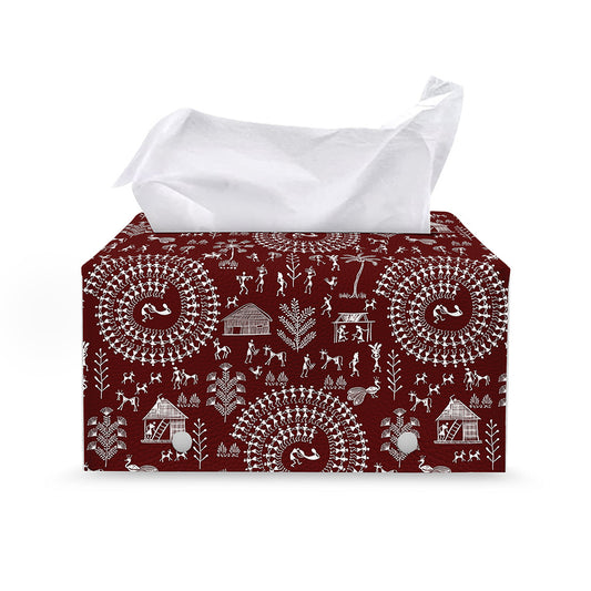 Red And White Warli Tribal Print Leather Tissue Box Cover
