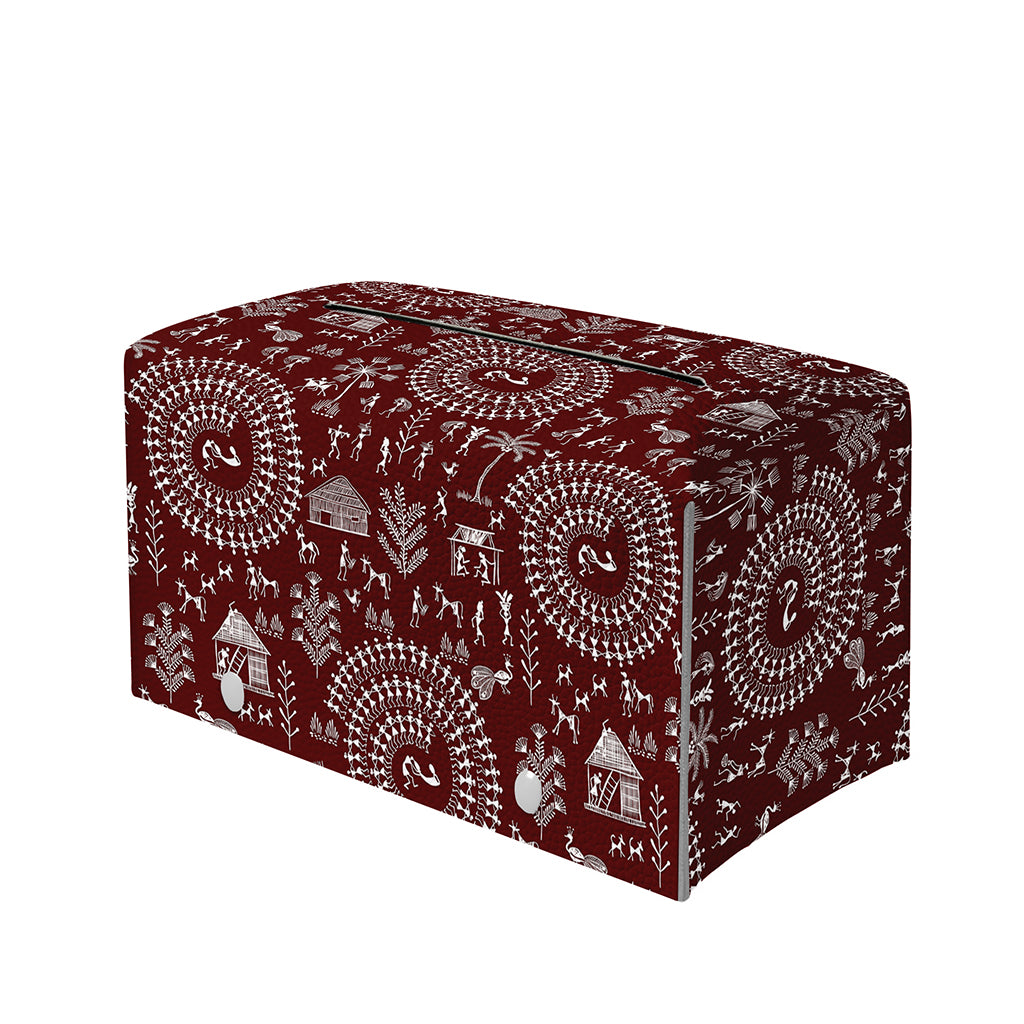 Red And White Warli Tribal Print Leather Tissue Box Cover