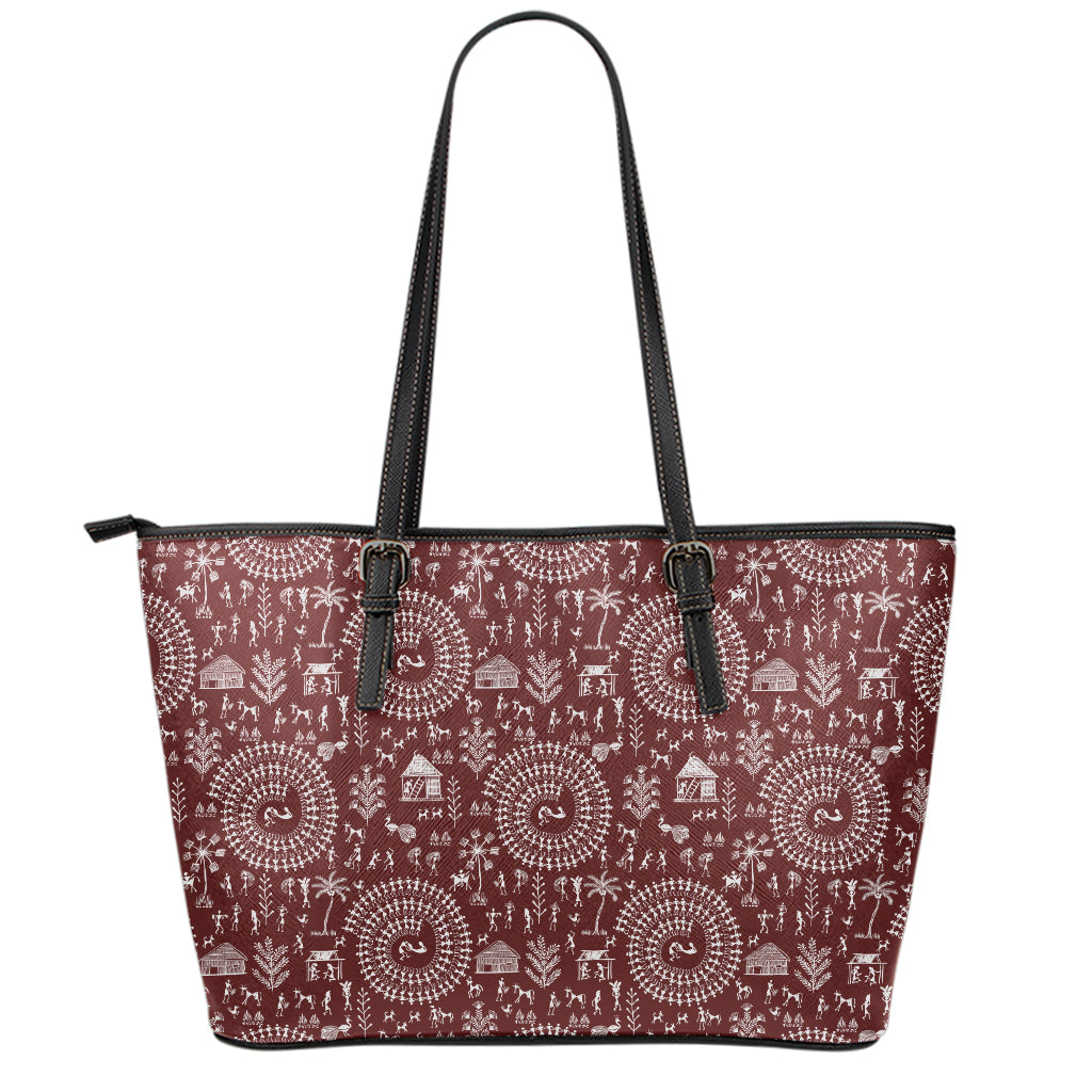 Red And White Warli Tribal Print Leather Tote Bag