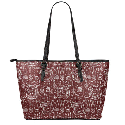 Red And White Warli Tribal Print Leather Tote Bag