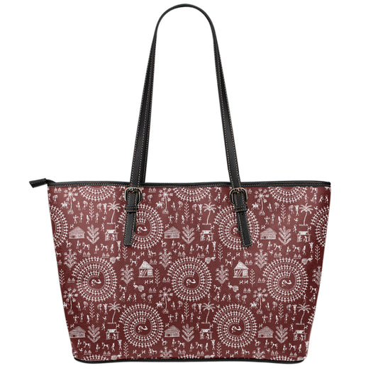 Red And White Warli Tribal Print Leather Tote Bag