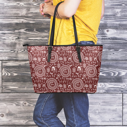 Red And White Warli Tribal Print Leather Tote Bag