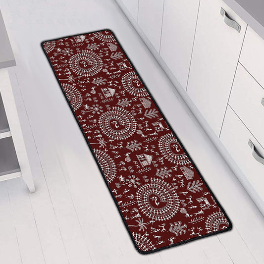 Red And White Warli Tribal Print Long Kitchen Mat