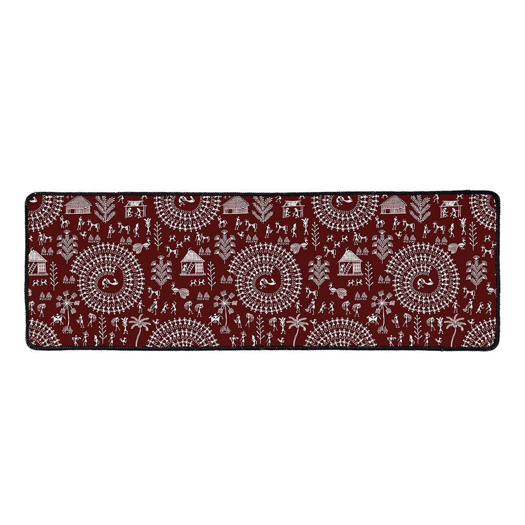 Red And White Warli Tribal Print Long Kitchen Mat