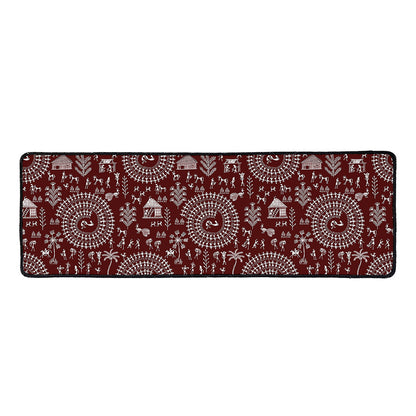Red And White Warli Tribal Print Long Kitchen Mat