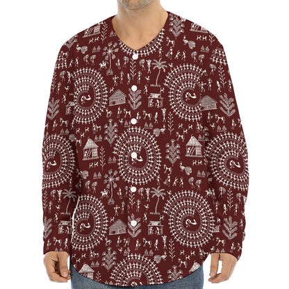 Red And White Warli Tribal Print Long Sleeve Baseball Jersey