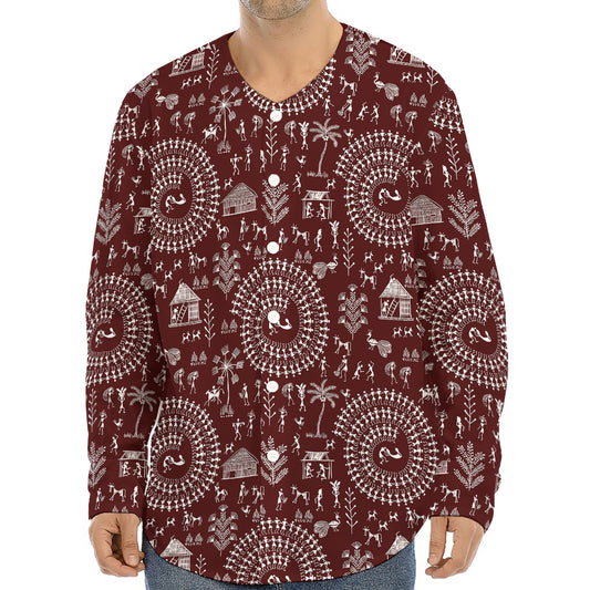 Red And White Warli Tribal Print Long Sleeve Baseball Jersey