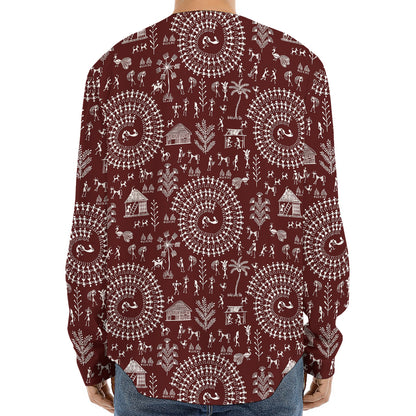 Red And White Warli Tribal Print Long Sleeve Baseball Jersey