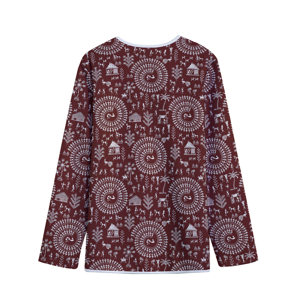 Red And White Warli Tribal Print Long Sleeve Short Coat
