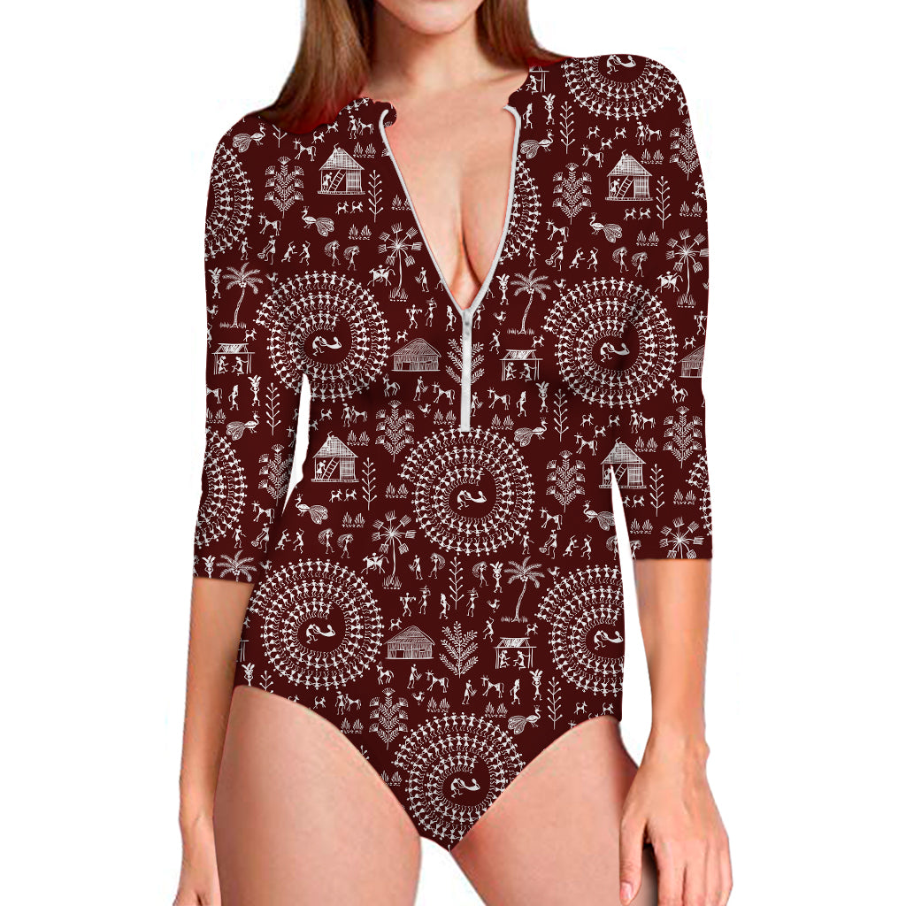 Red And White Warli Tribal Print Long Sleeve Swimsuit