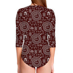 Red And White Warli Tribal Print Long Sleeve Swimsuit