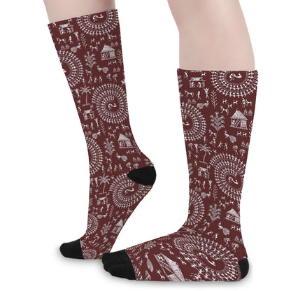 Red And White Warli Tribal Print Long Socks