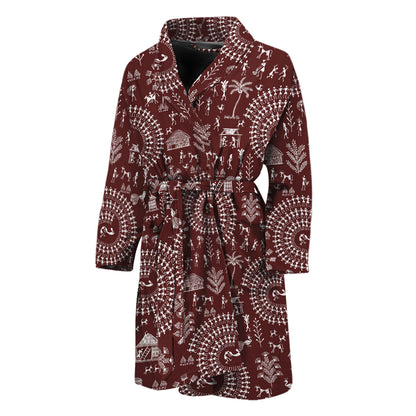 Red And White Warli Tribal Print Men's Bathrobe