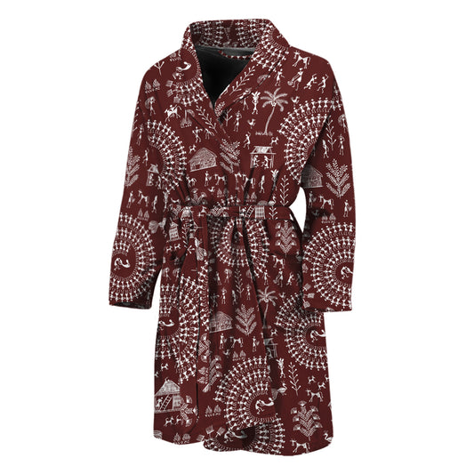 Red And White Warli Tribal Print Men's Bathrobe